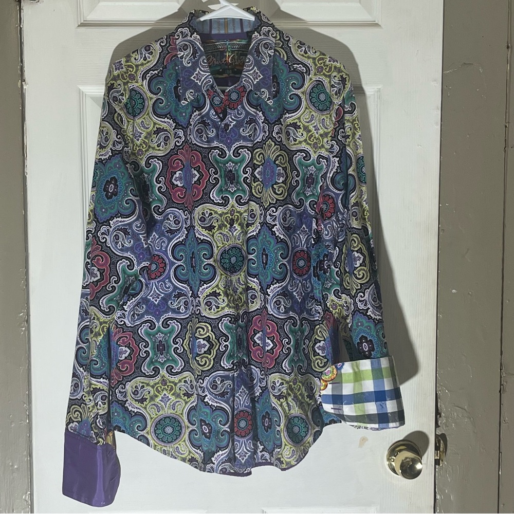 Robert Graham Paisley Button Down Shirt L Bold Print Embroidered Cuffs